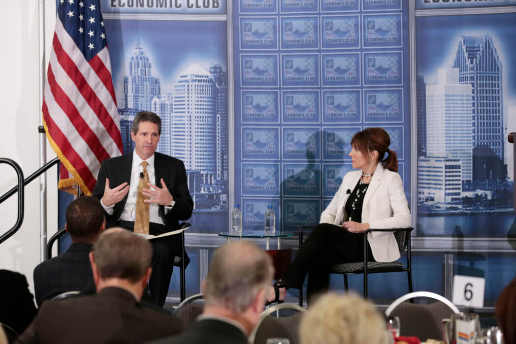 Chris Swift, Chairman and CEO of The Hartford addresses the Detroit Economic Club meeting held at Cobo Center in Detroit, Michigan, on Thursday, March 7, 2019. (Photo by Jeff Kowalsky, Detroit Economic Club)