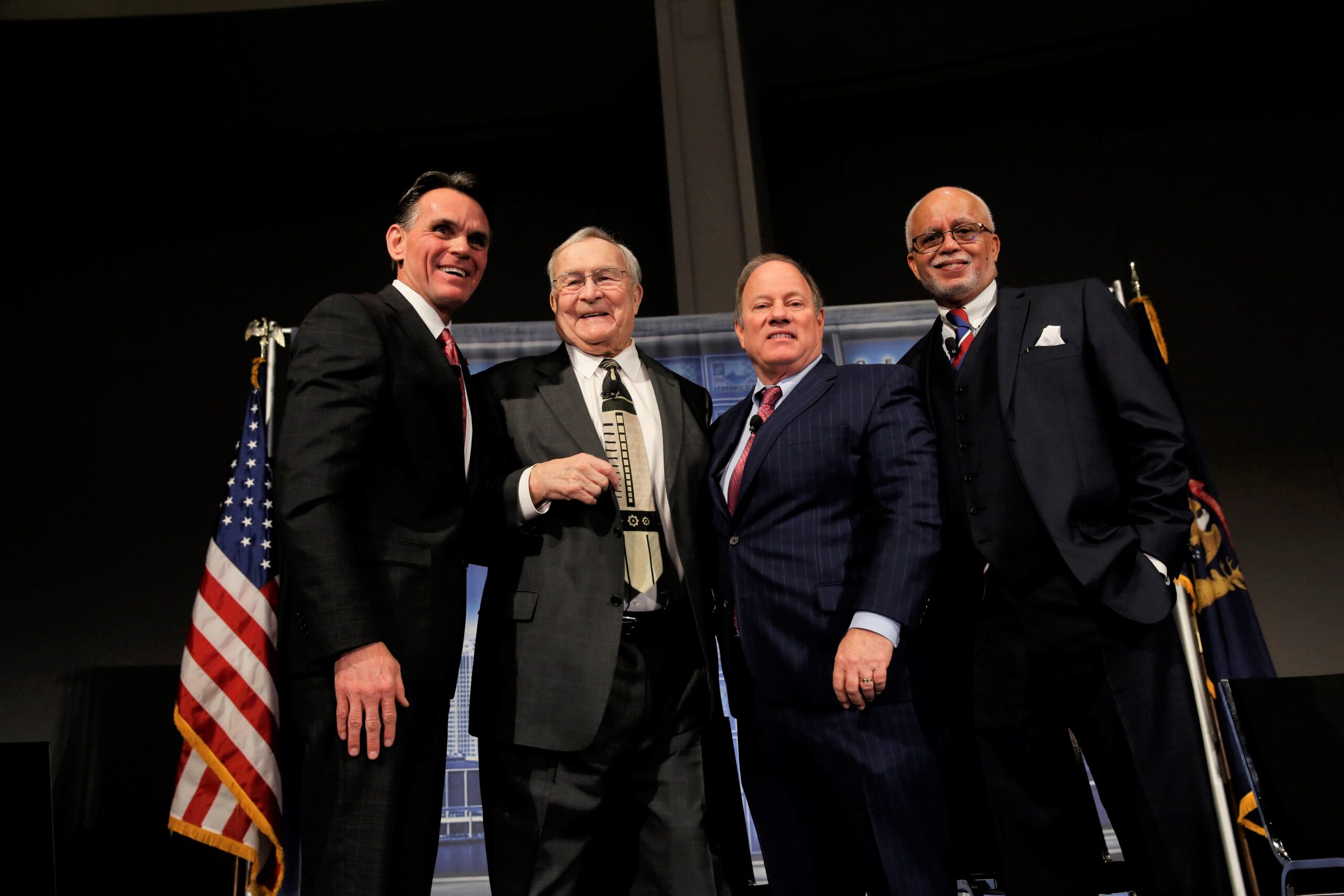 The Big Four, Mark A. Hackel, Macomb County Executive, L. Brooks Patterson, Oakland County Executive,  Mike Duggan, Mayor, City of Detroit,  Warren C. Evans, Wayne County Executive, with moderator Carol Cain addresses the Detroit Economic Club meeting held at Cobo Center in Detroit, Michigan, on Tuesday, January 20, 2018. (Photo by Jeff Kowalsky, Detroit Economic Club)