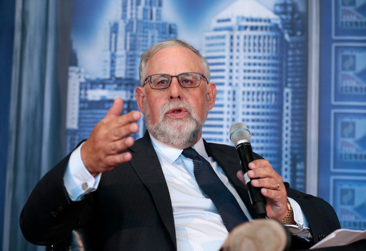 Scott Serota, President & CEO of Blue Cross Blue Shield Association with Presiding Officer, Dan Loepp, President & CEO of Blue Cross Blue Shield of Michigan with moderator, Deanna Lites, Health Reporter, WWJ Newsradio 950 at the Detroit Economic Club meeting held at Ford Field in Detroit, Michigan, on Tuesday, September 10, 2019. (Photo by Jeff Kowalsky, Detroit Economic Club)