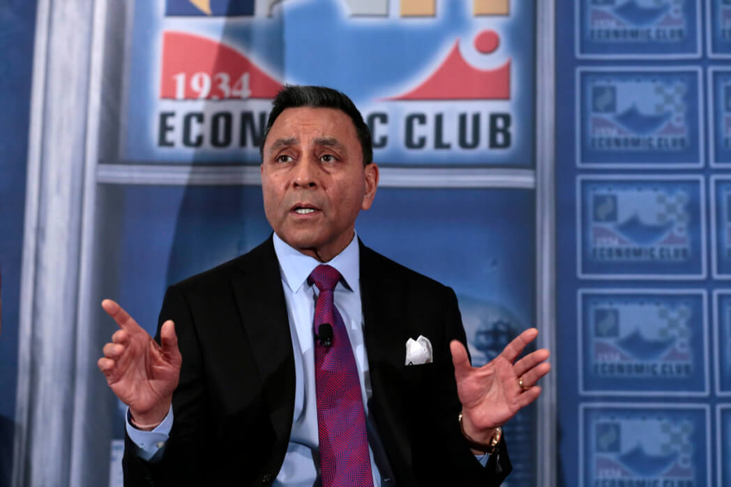 Dinesh C. Paliwal, President & CEO of HARMAN addresses the Detroit Economic Club meeting held at the Motor City Casino in Detroit, Michigan, on Monday, November 25, 2019. (Photo by Jeff Kowalsky, Detroit Economic Club)